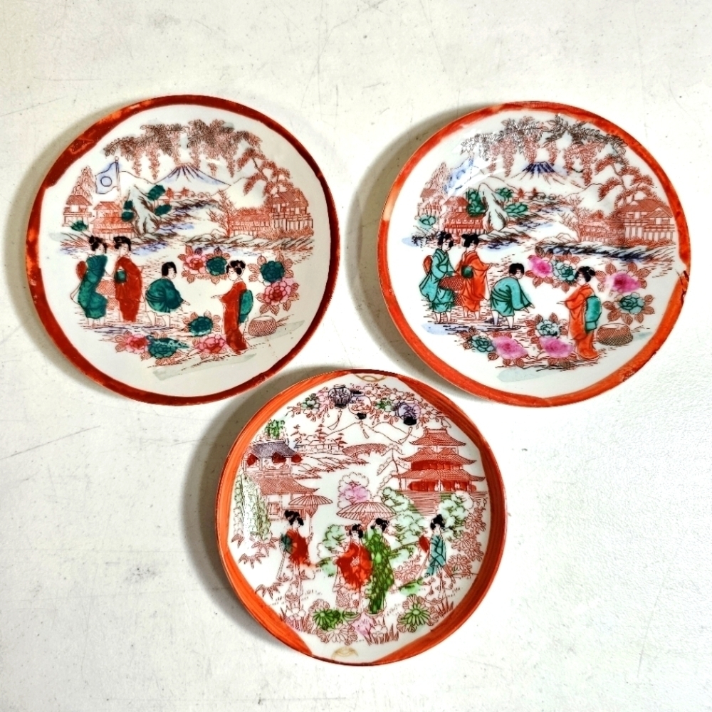 3 Collectible Handpainted Japanese Geisha Design Saucers